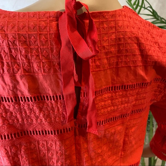 J Crew Coral Red Eyelet Embroidered Tie Neck Flutter Sleeve Shift Dress Size 4. - Picture 3 of 11